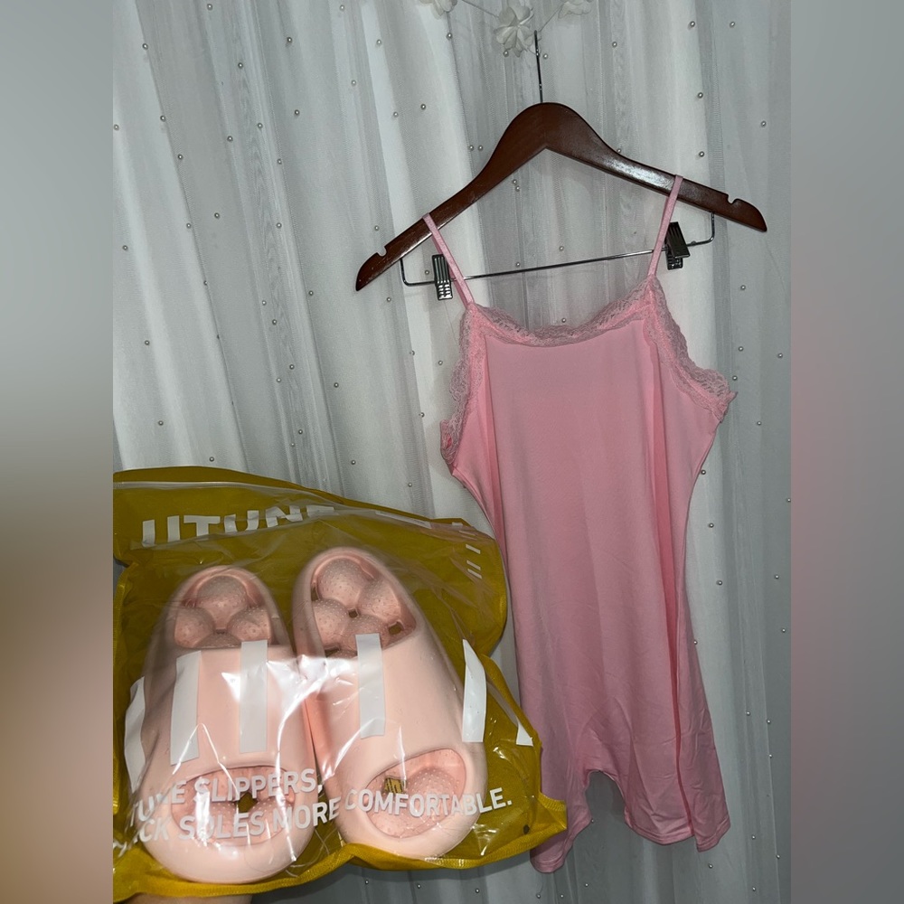 BRAND NEW 2 PIECE PINK BUNDLE SET. BUBBLE SHOES SIZE 7 & JUMPSUIT MEDIUM.